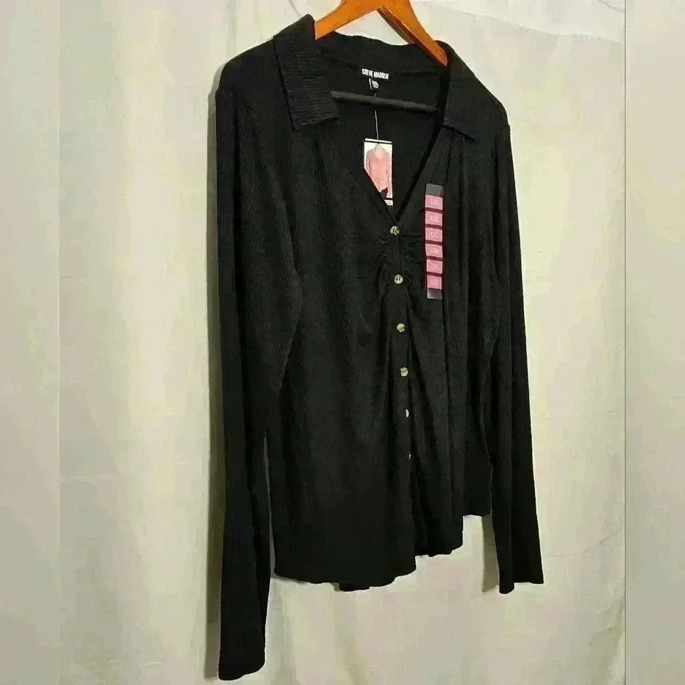 NWT Steve Madden Black Ruched Stretchy Collared V-Neck Button-up Shirt XXL